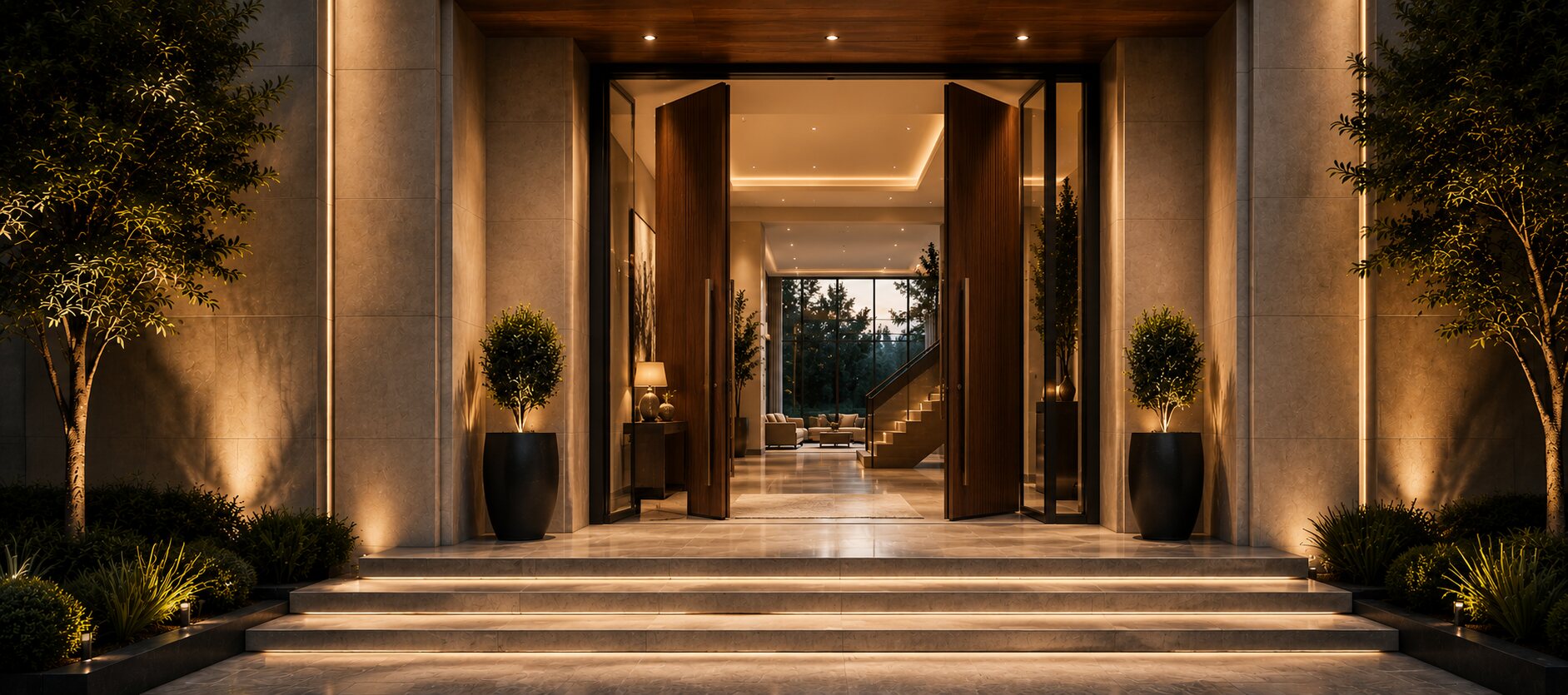 The entrance door opening to reveal the hall of a Fullhouzz-designed home